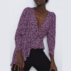 Zara Floral Wrap Front Asymmetrical Hem Peplum Long Sleeve V-Neck Blouse Top
